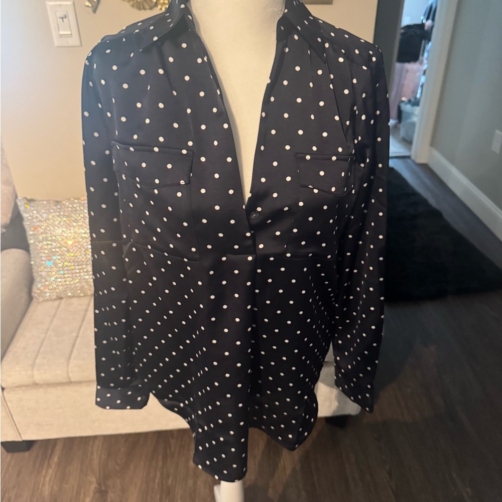 Ann Taylor Navy Polka Dot Button Down Shirt